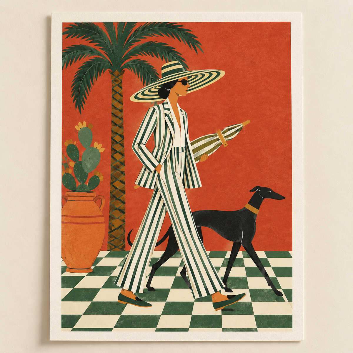 Woman and Greyhound art print shown unframed on a plain background