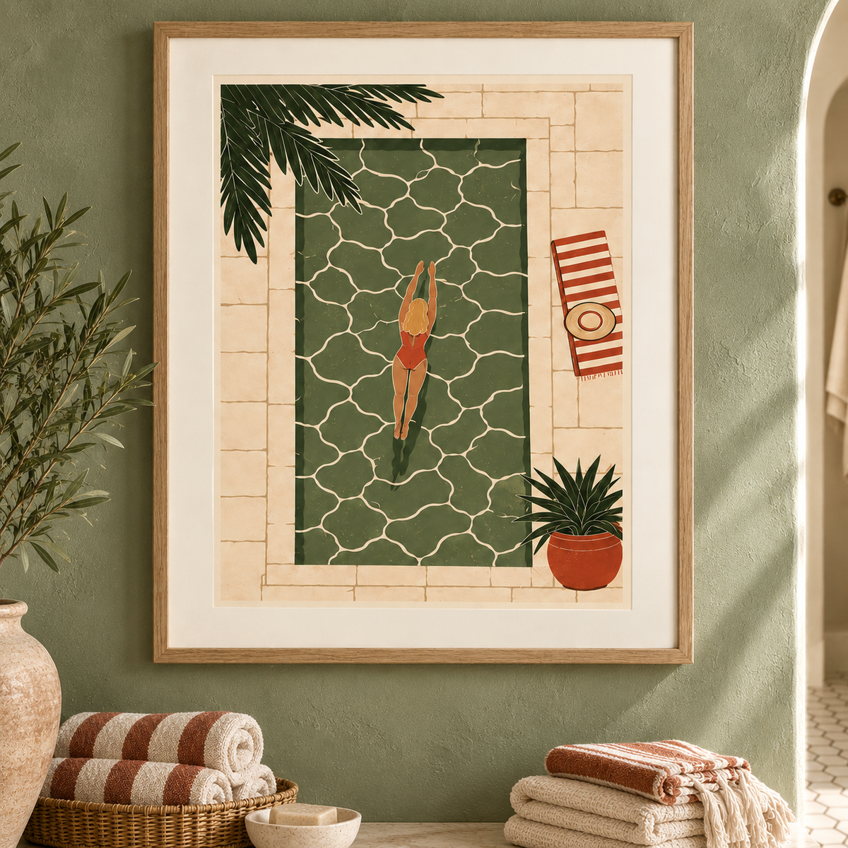 Art print of an overhead view of a swimmer in a red costume in an olive green tiled pool