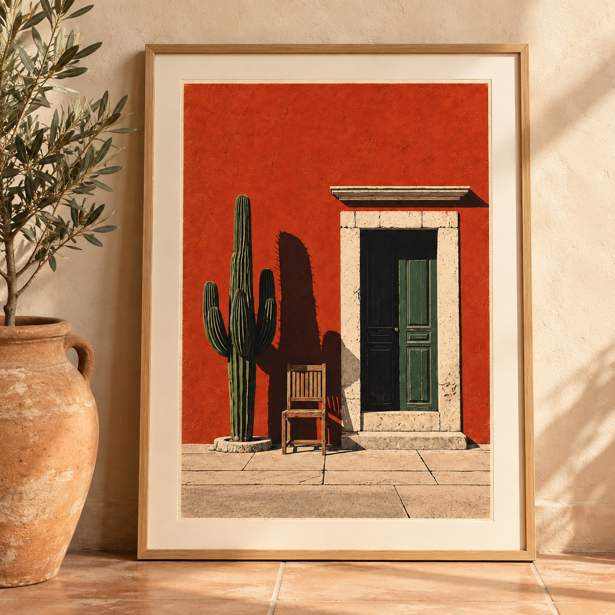 Art print of a saguaro cactus beside a weathered green door against a burnt red wall
