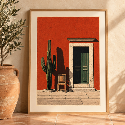 Art print of a saguaro cactus beside a weathered green door against a burnt red wall
