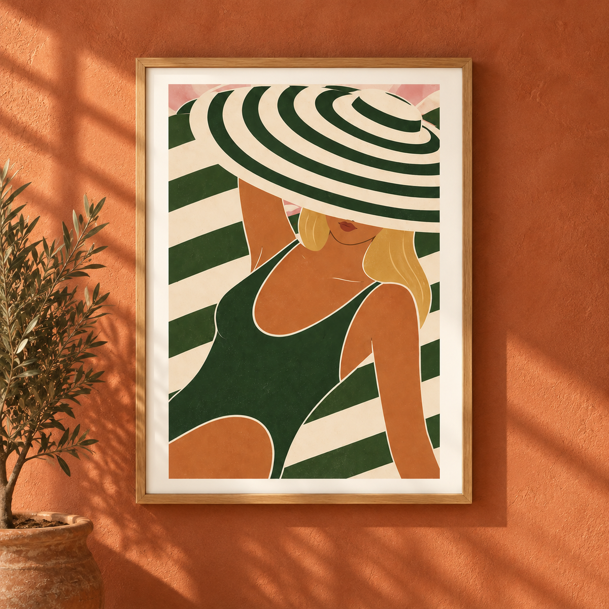 Art print of a woman in a wide-brimmed green and cream striped sun hat against diagonal stripes