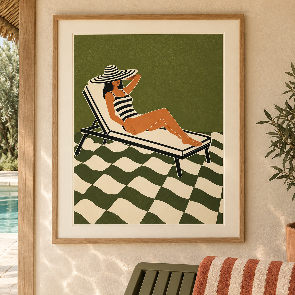 Art print of a woman in a striped swimsuit and sun hat reclining on a lounger against deep olive green