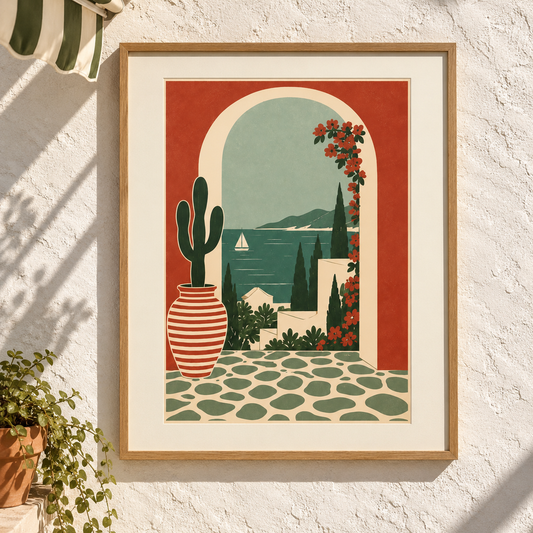 Art print of a whitewashed arch opening onto a turquoise bay with a sailboat, cypress trees and bougainvillea