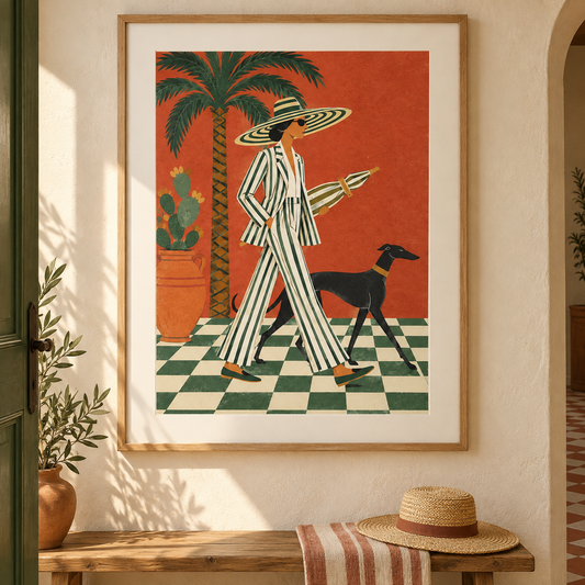 Art print of a woman in a striped suit walking a black greyhound past a palm and a prickly pear