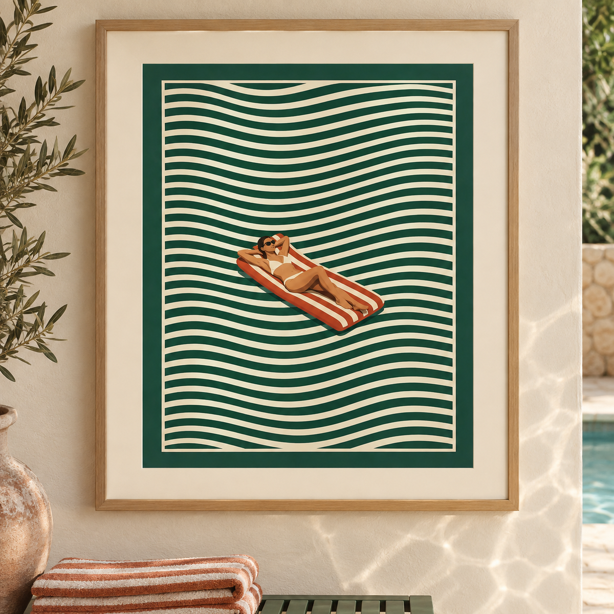 Art print of a sunbather on a striped orange float across a green and cream wave-patterned pool