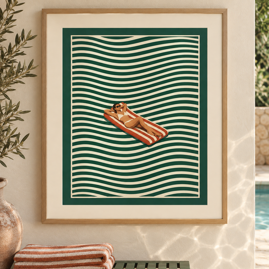 Art print of a sunbather on a striped orange float across a green and cream wave-patterned pool