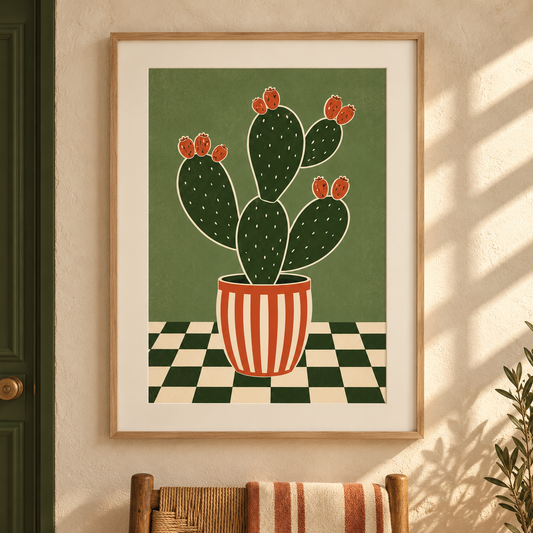 Art print of a prickly pear cactus in a striped terracotta pot on a checkerboard floor