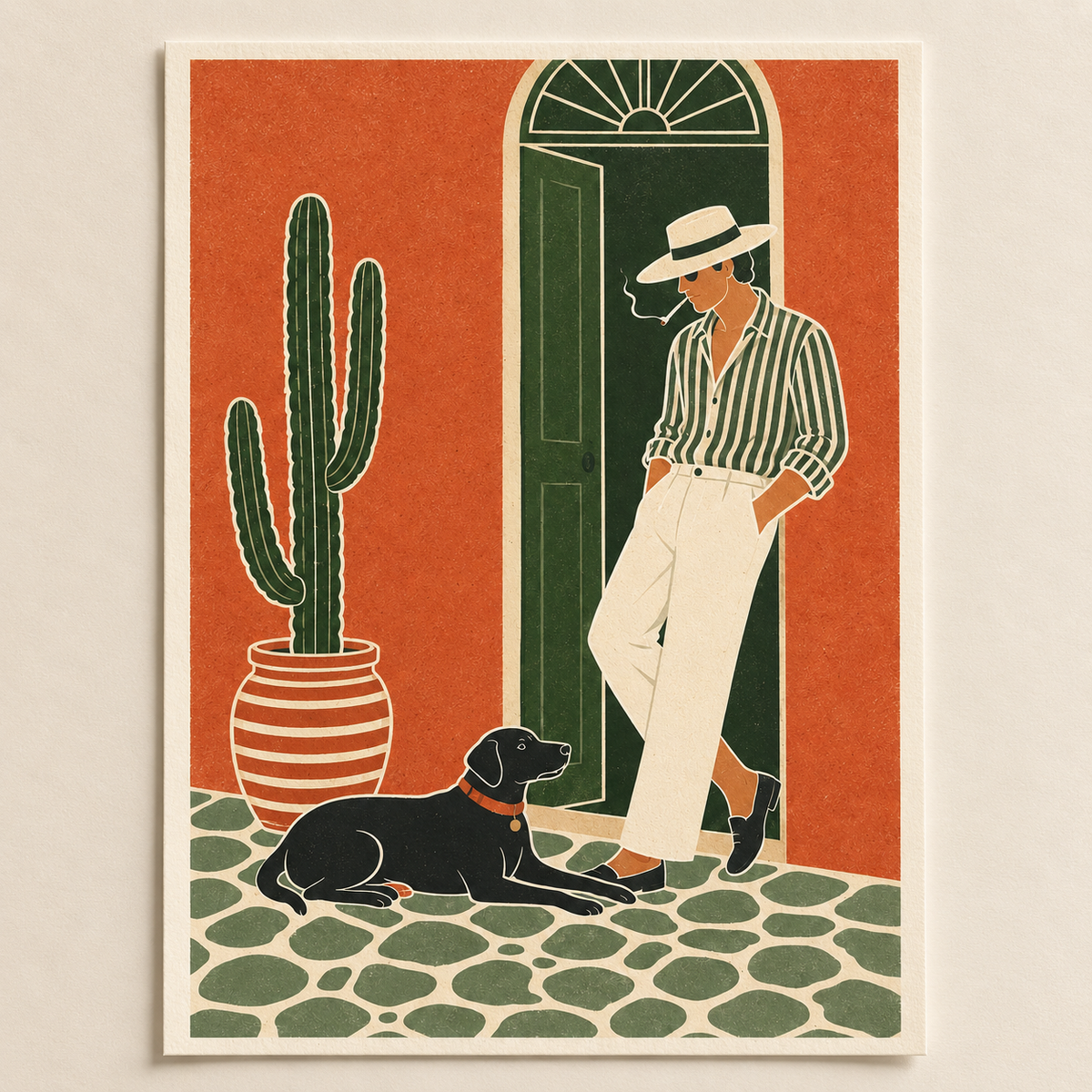 Man and Dog Doorway art print shown unframed on a plain background