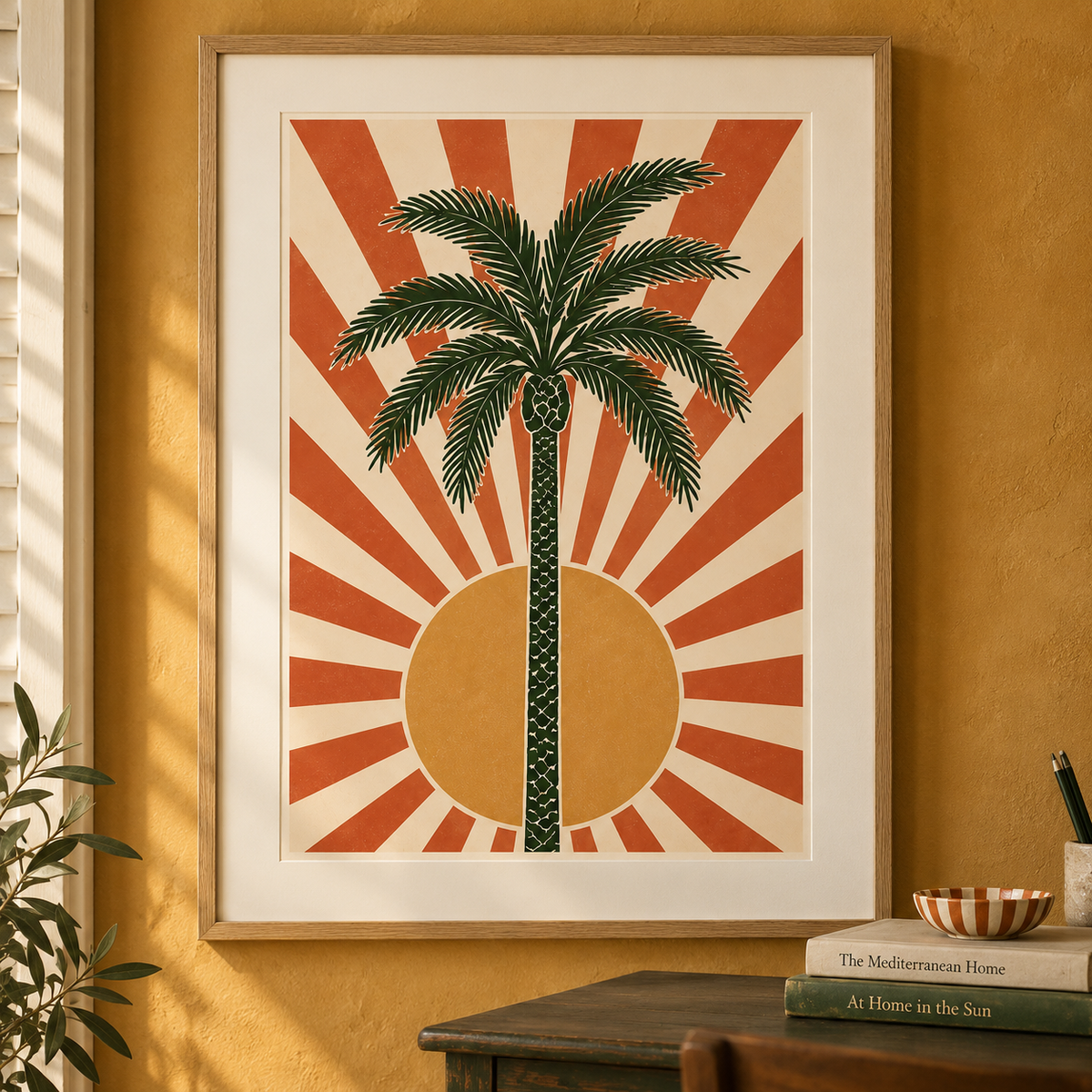Art print of a date palm against a radiating terracotta and cream sunburst