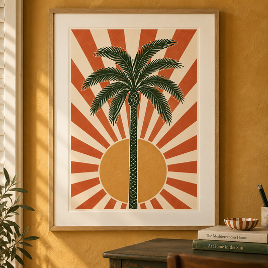 Art print of a date palm against a radiating terracotta and cream sunburst