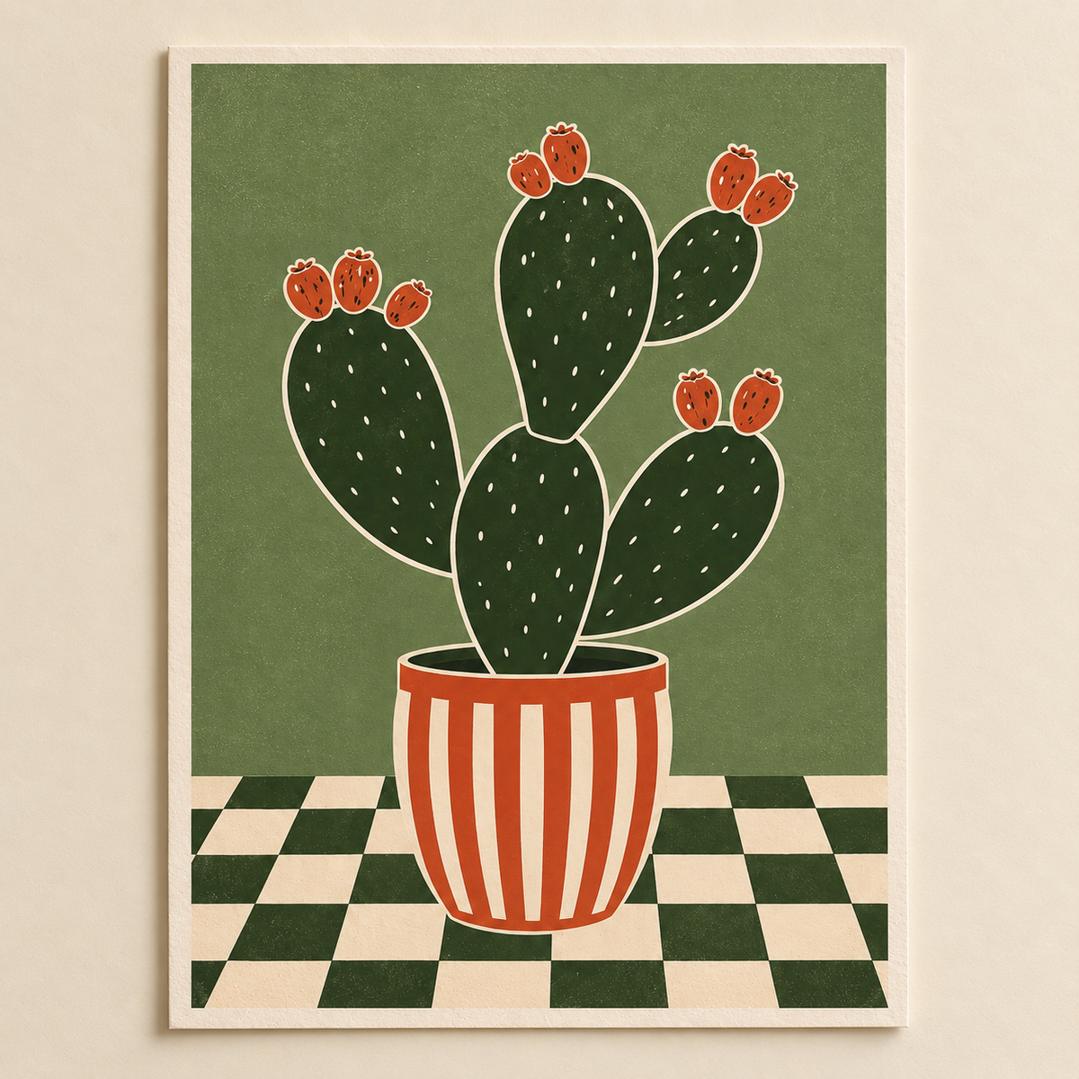 Prickly Pear Cactus art print shown unframed on a plain background
