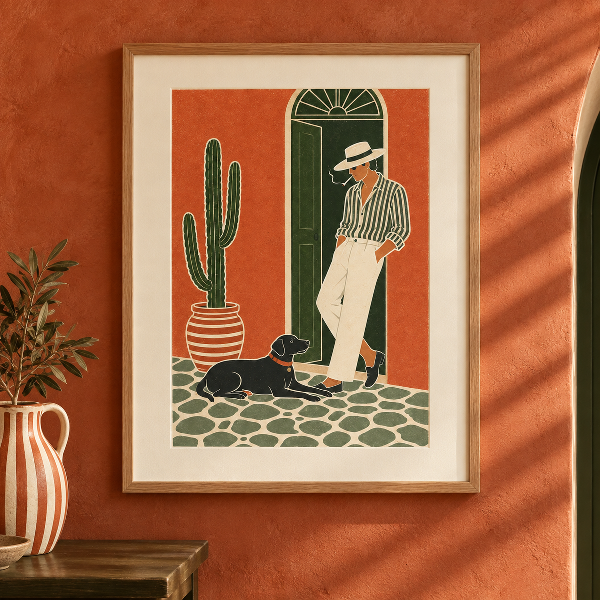 Art print of a figure in an olive green doorway with a black dog resting on the cobbles