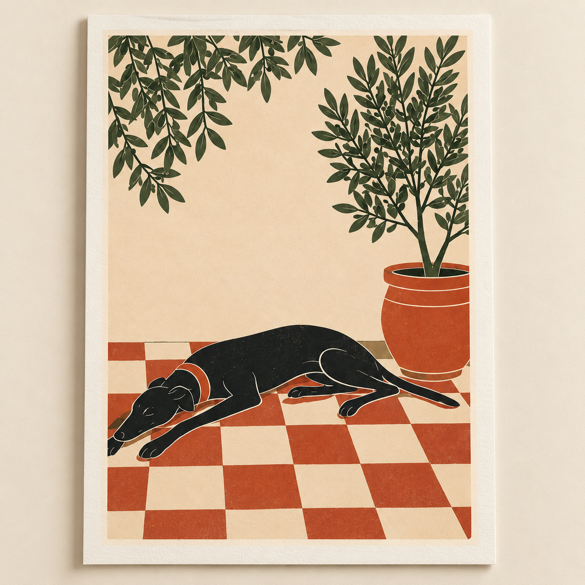 Sleeping Greyhound art print shown unframed on a plain background