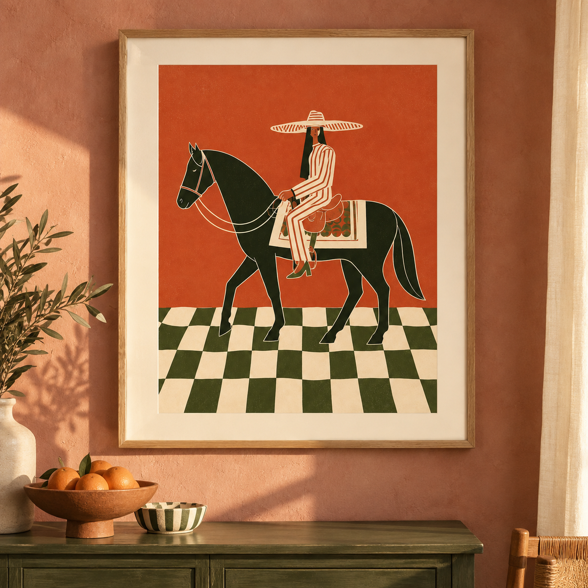 Art print of a rider in a wide-brimmed hat on a black horse carrying a crate of oranges