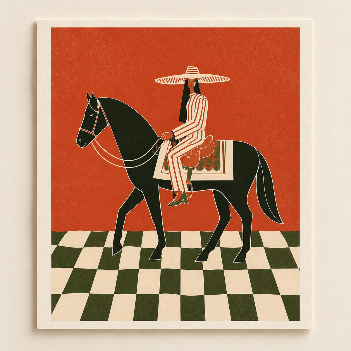 Woman on Horseback art print shown unframed on a plain background