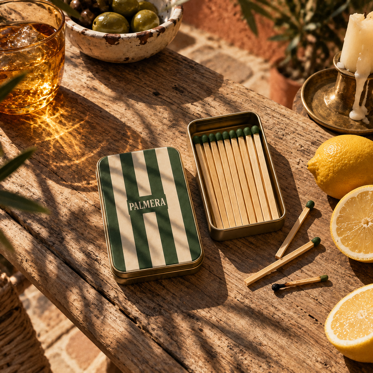 Palmera striped match tin in deep olive and cream