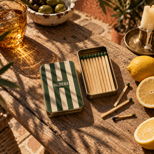 Palmera striped match tin in deep olive and cream