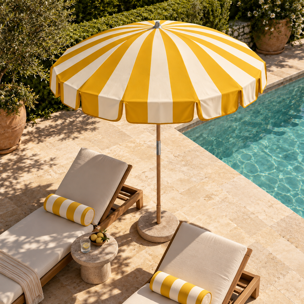 The Amalfi striped garden parasol with scalloped valance and hardwood pole