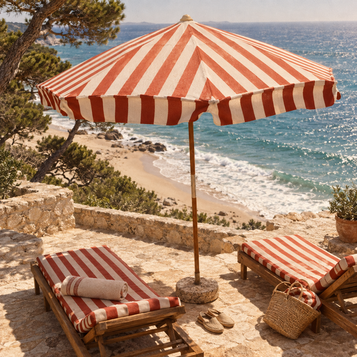 The Positano terracotta and cream panelled canvas parasol