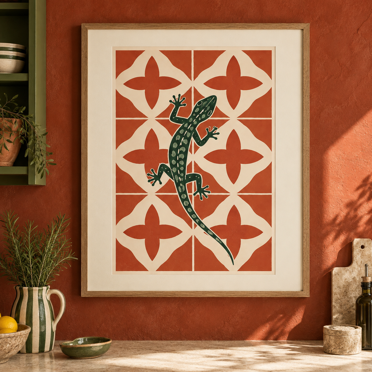 Art print of a green gecko climbing across terracotta and cream Portuguese azulejo tiles