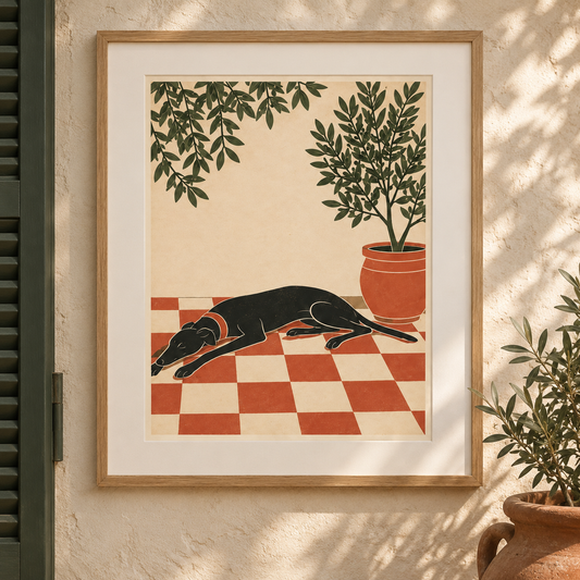 Art print of a black greyhound sleeping on a terracotta and cream checkerboard floor beneath olive branches