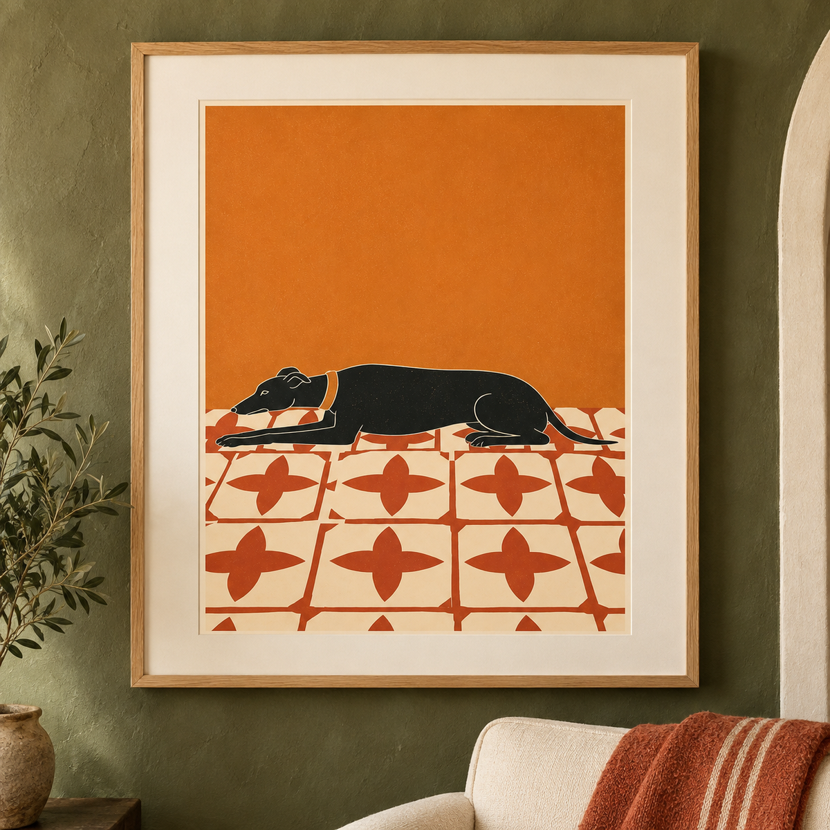 Art print of a black greyhound silhouette lying on patterned tiles beneath a burnt orange wall